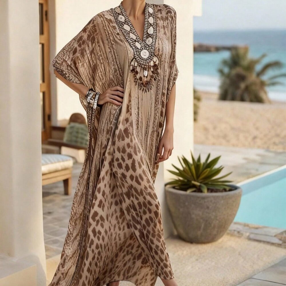 Khaki Bohemian Women's Leopard Print Dress